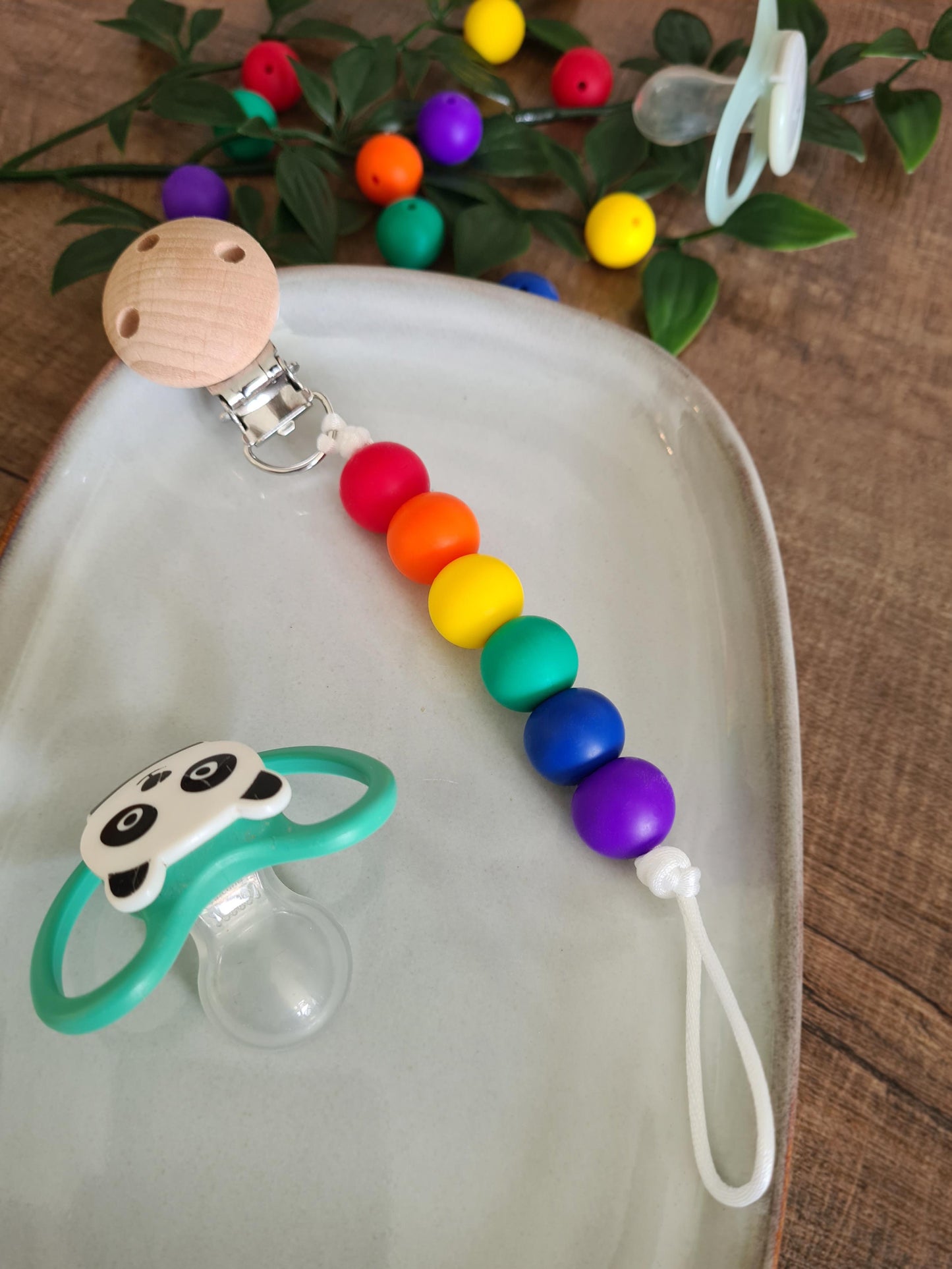 Cute handmade soother clip. Unique gift ideas for newborns and toddlers. Handcrafted Irish made. Rainbow coloured clip.