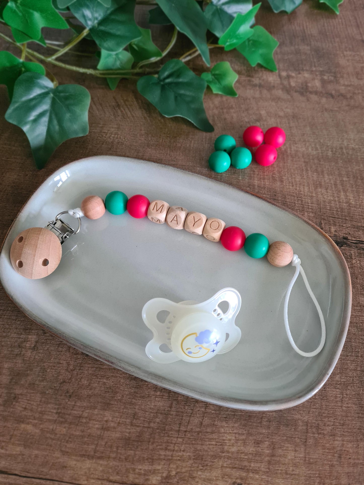 Cute handmade soother clips for the Mayo football GAA fans. Unique gift ideas for newborns and toddlers. Handcrafted Irish made. Features the Mayo colours.
