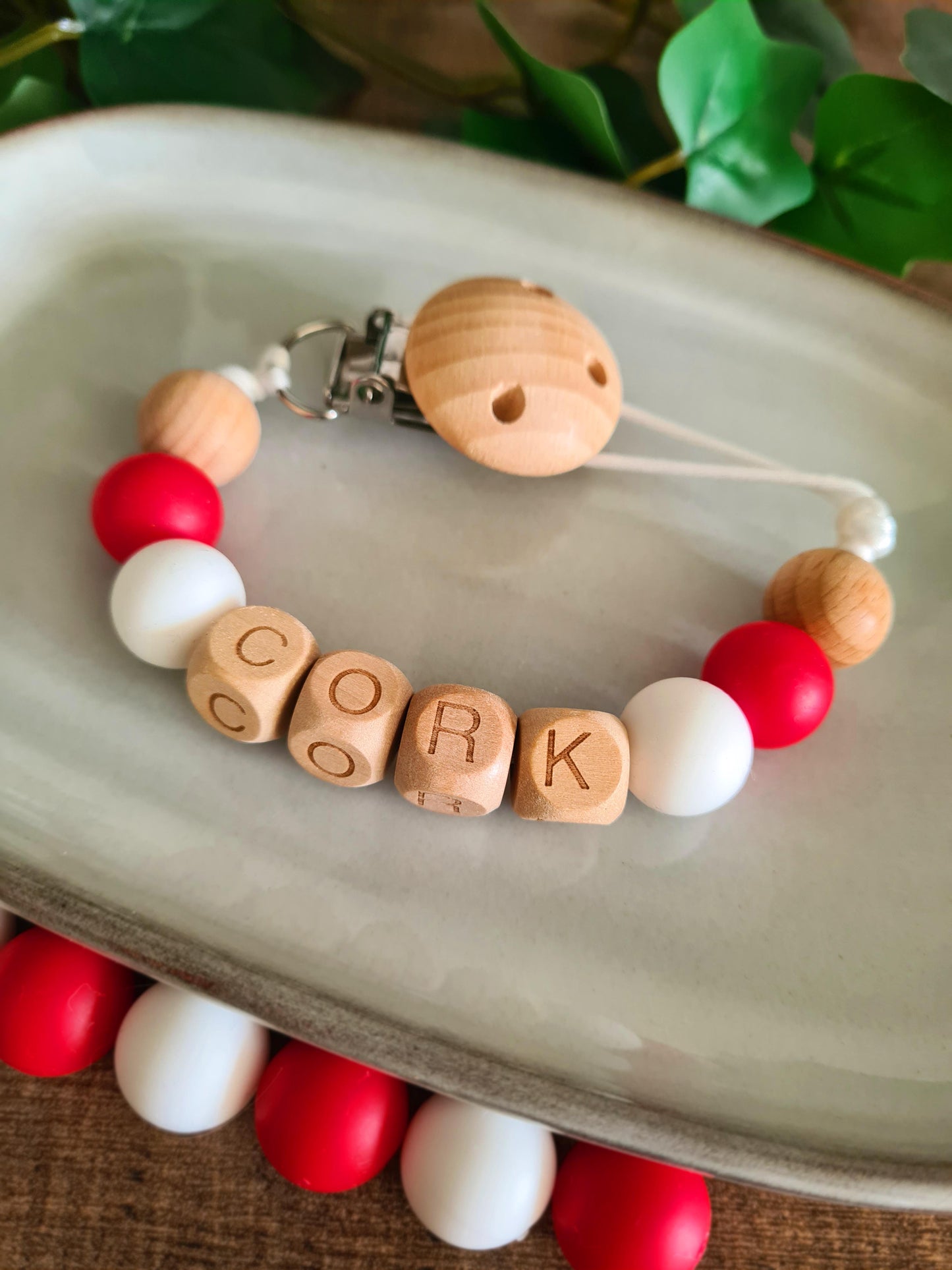 Soother clip for Cork football GAA fans, County Cork Hurling, GAA babies in general! Who doesn't love the Cork colours?! Also the perfect gift for Cork LGFA Mamas!