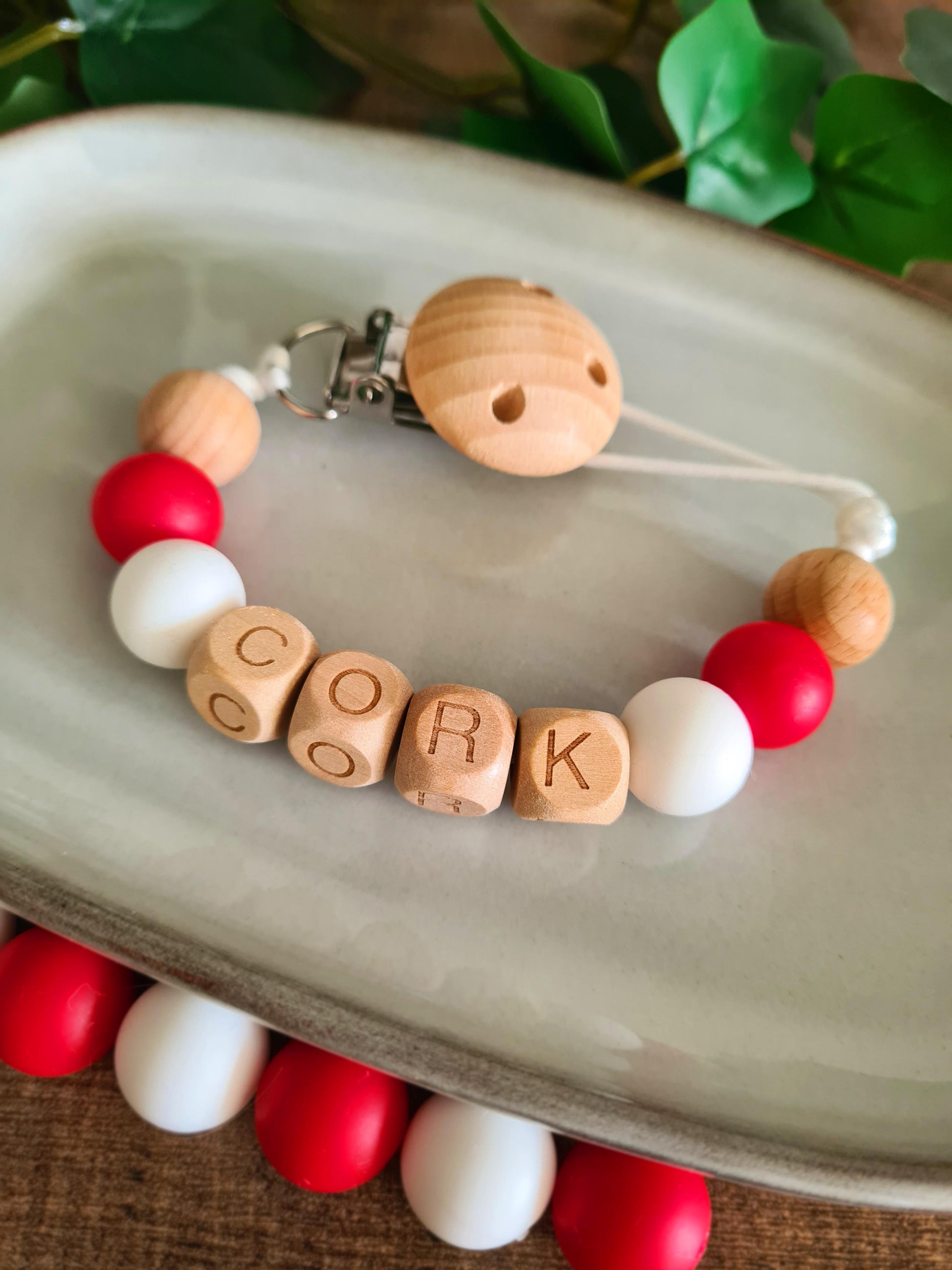 Soother clip for Cork football GAA fans, County Cork Hurling, GAA babies in general! Who doesn't love the Cork colours?! Also the perfect gift for Cork LGFA Mamas!