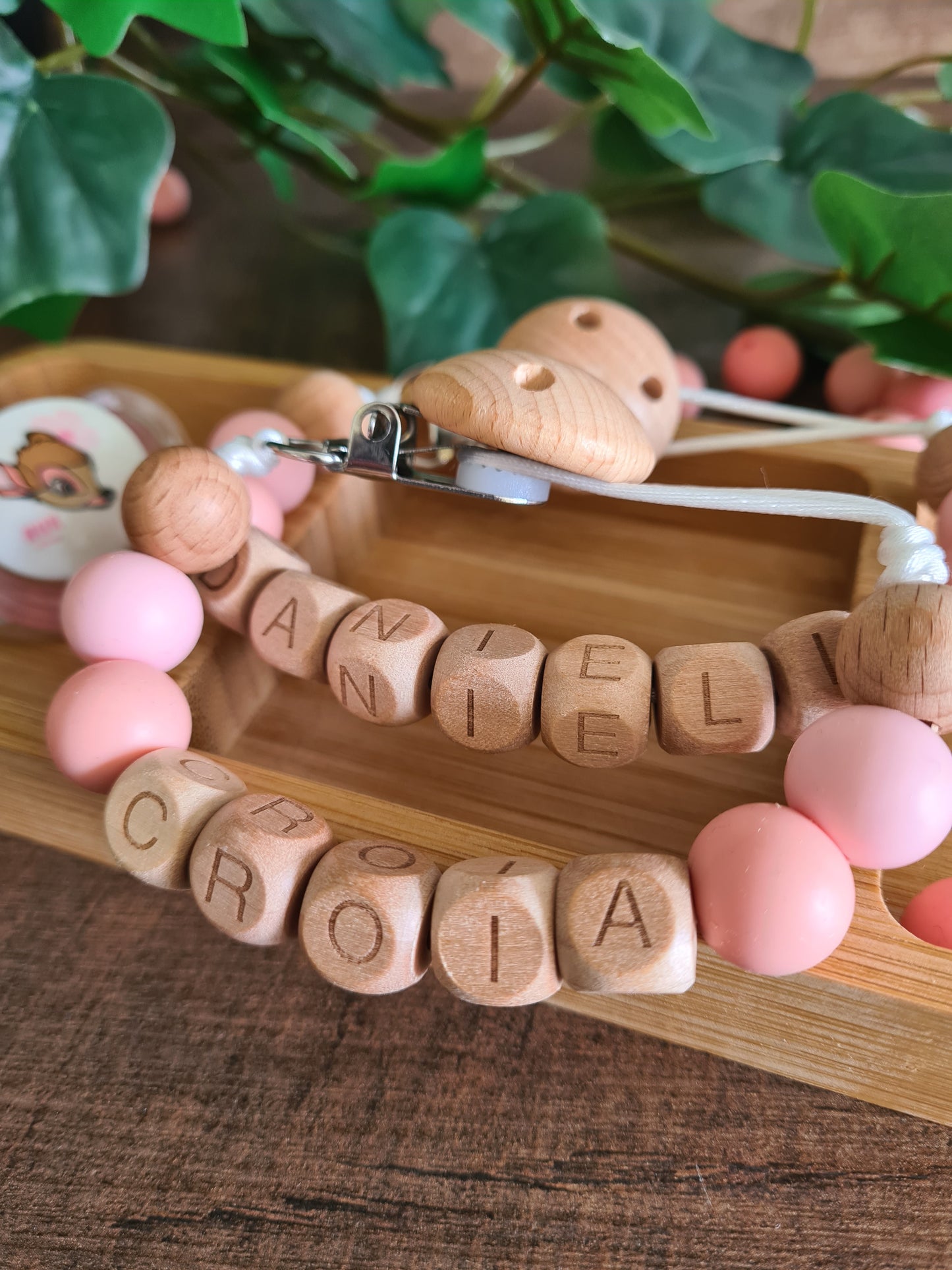 Personalised soother clips with name. Perfect as a Christening gift, a birthday gift or a gift for a newborn.