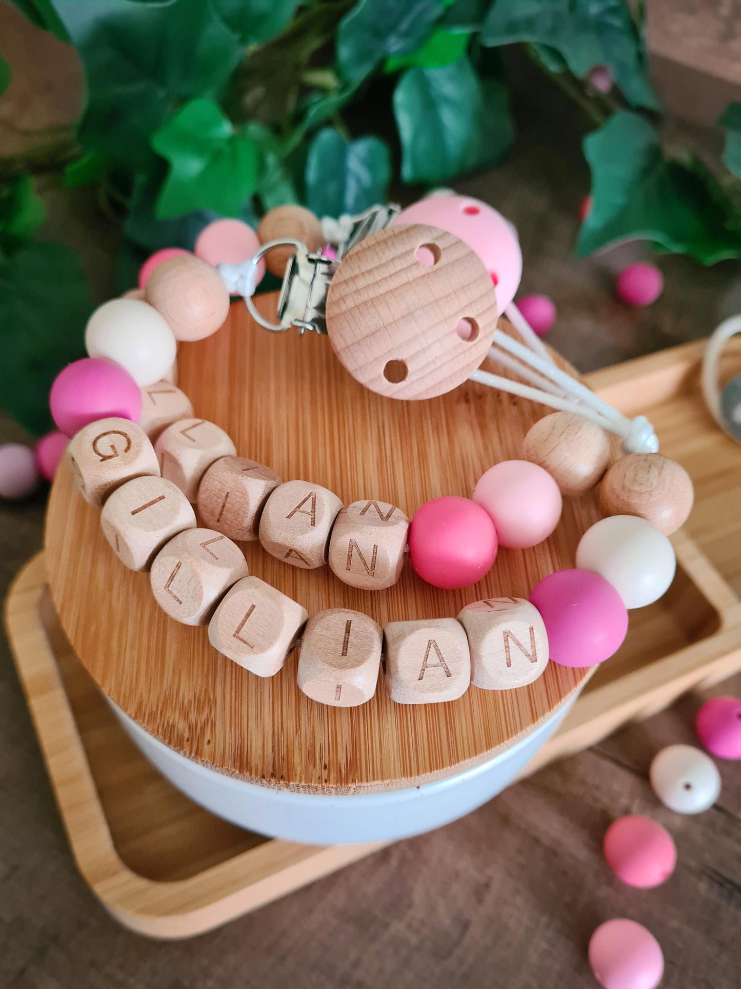 Personalised soother clips with name. Perfect as a Christening gift, a birthday gift or a gift for a newborn.
