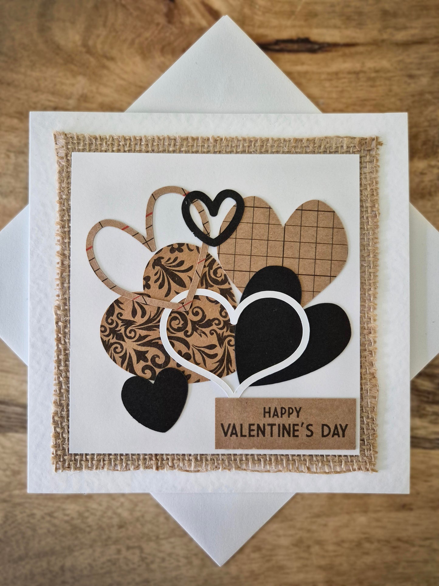 Handcrafted card full of hearts. Kraft, black and white colour theme. Suitable for Wedding Day or Valentine's Day