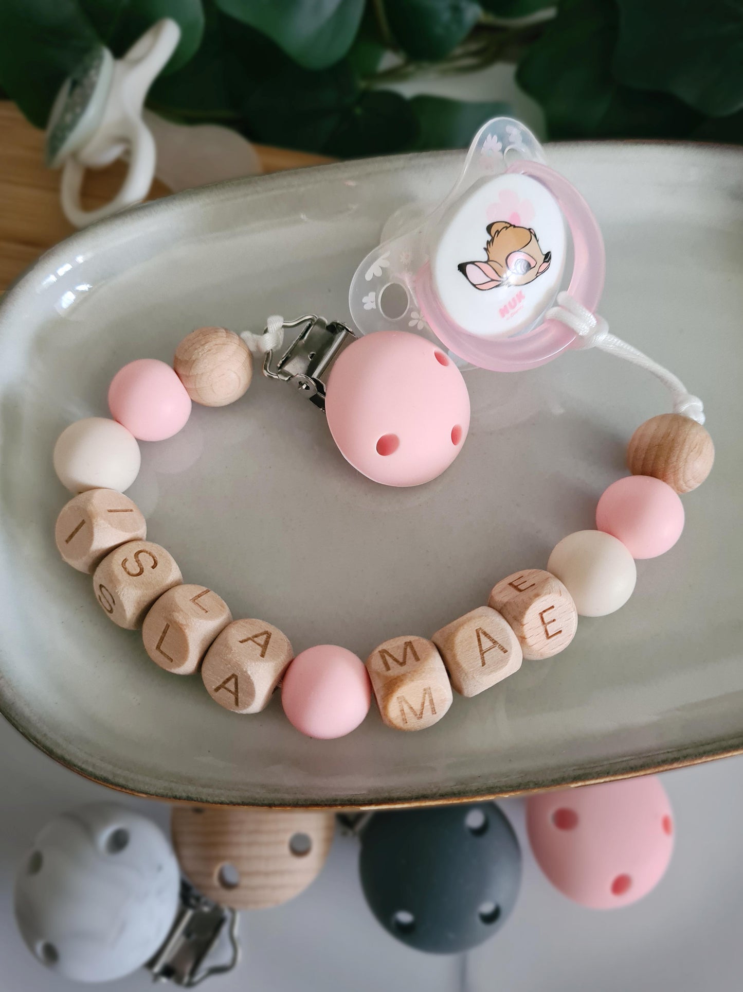 Personalised soother clips with name. Perfect as a Christening gift, a birthday gift or a gift for a newborn.