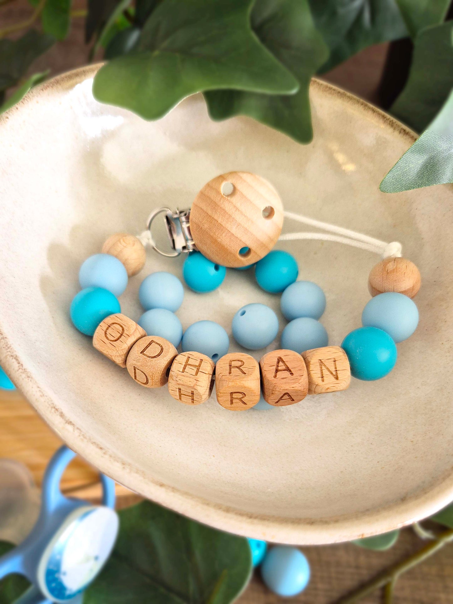 Personalised soother clips with name. Perfect as a Christening gift, a birthday gift or a gift for a newborn.