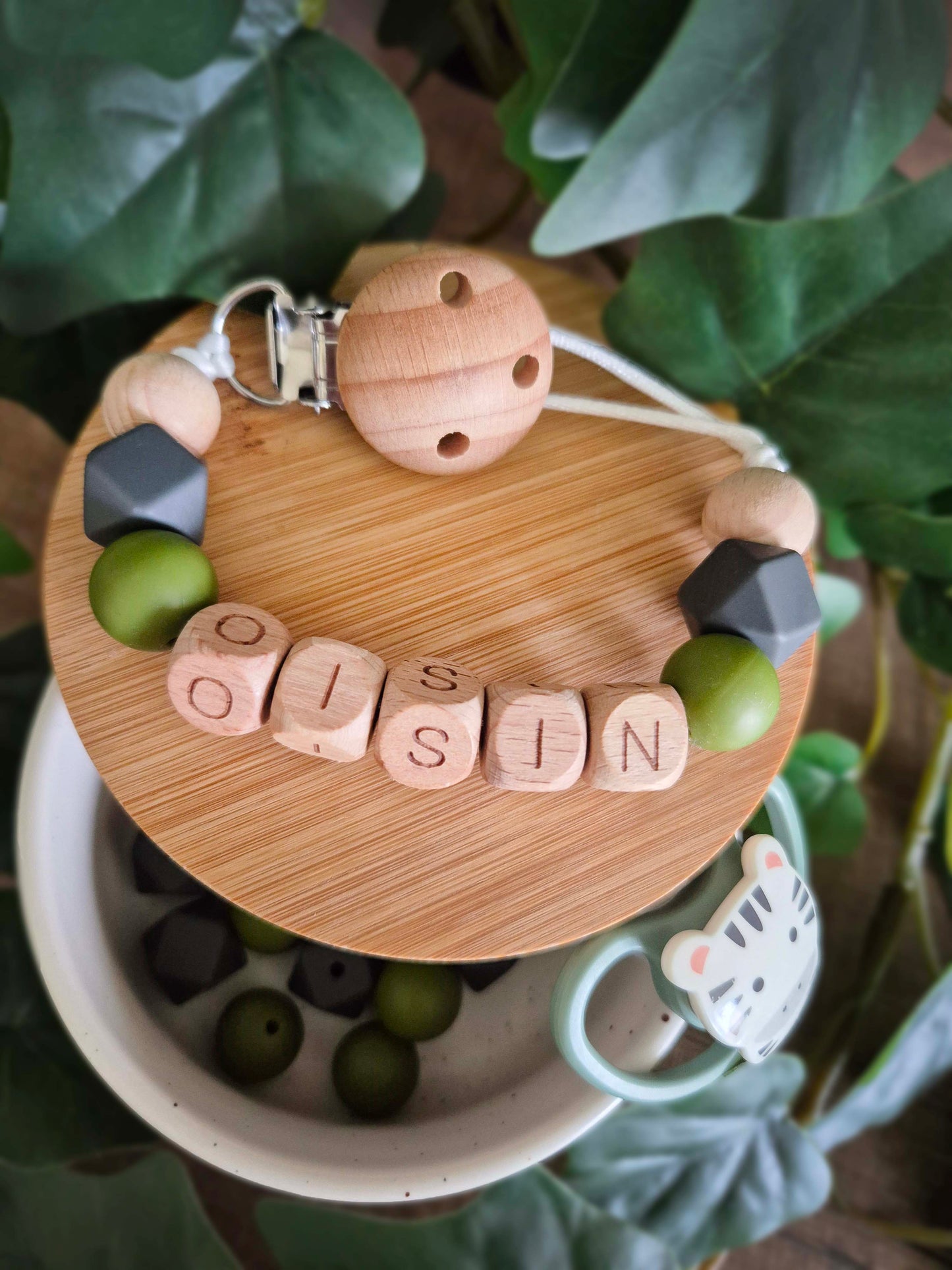 Personalised soother clips with name. Perfect as a Christening gift, a birthday gift or a gift for a newborn.