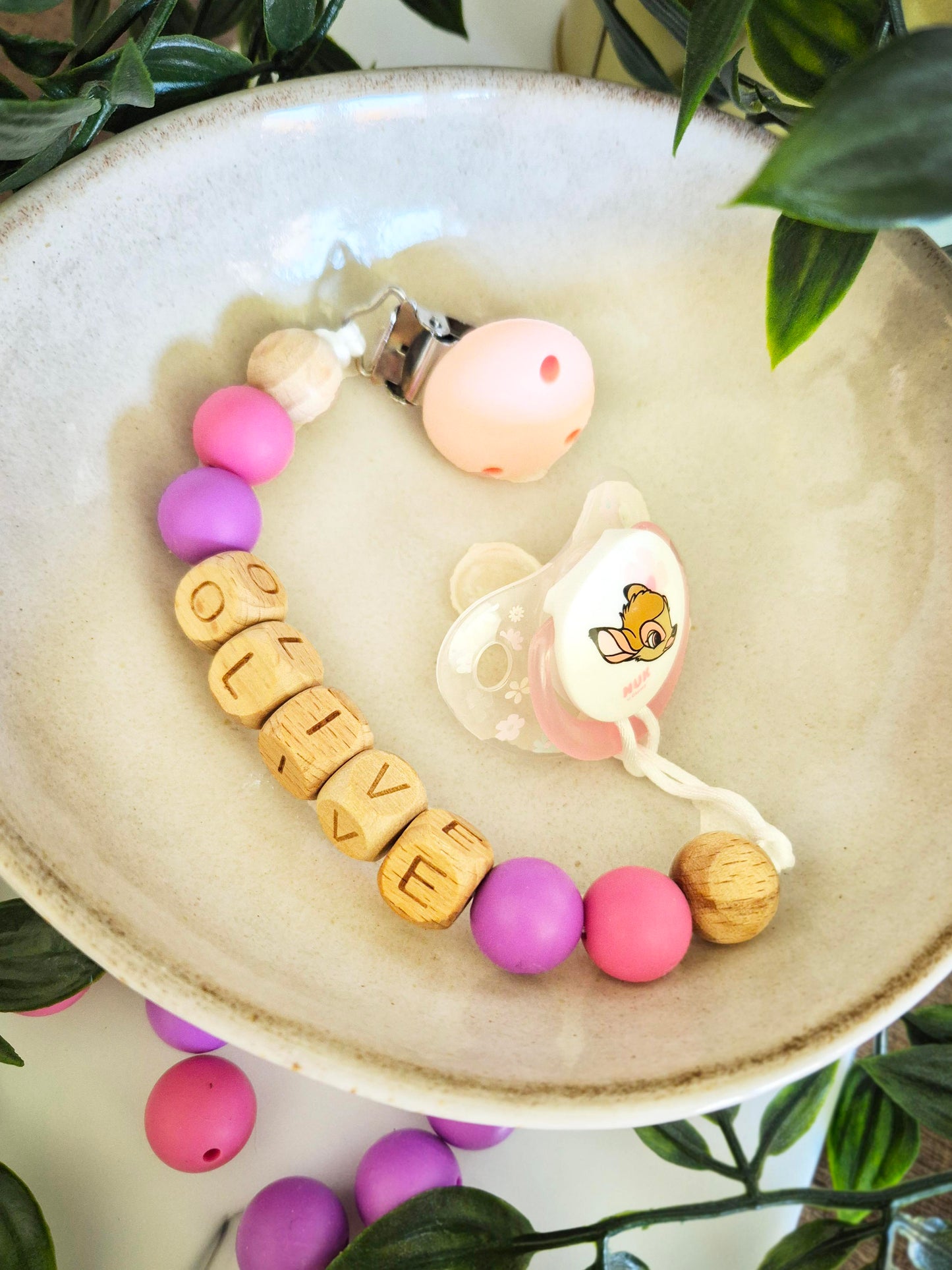 Personalised soother clips with name. Perfect as a Christening gift, a birthday gift or a gift for a newborn.
