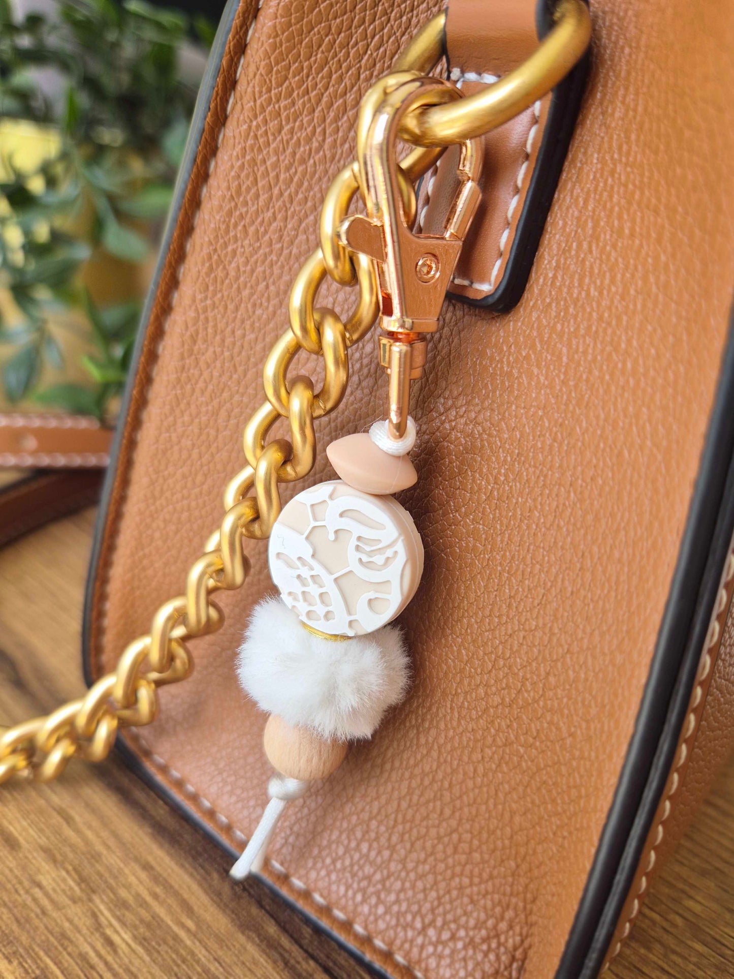 Keychain / Bag Decor / Zip Puller made of beech wood and silicone beads. Rose gold clip with blush focal bead and fluffy soft bead.