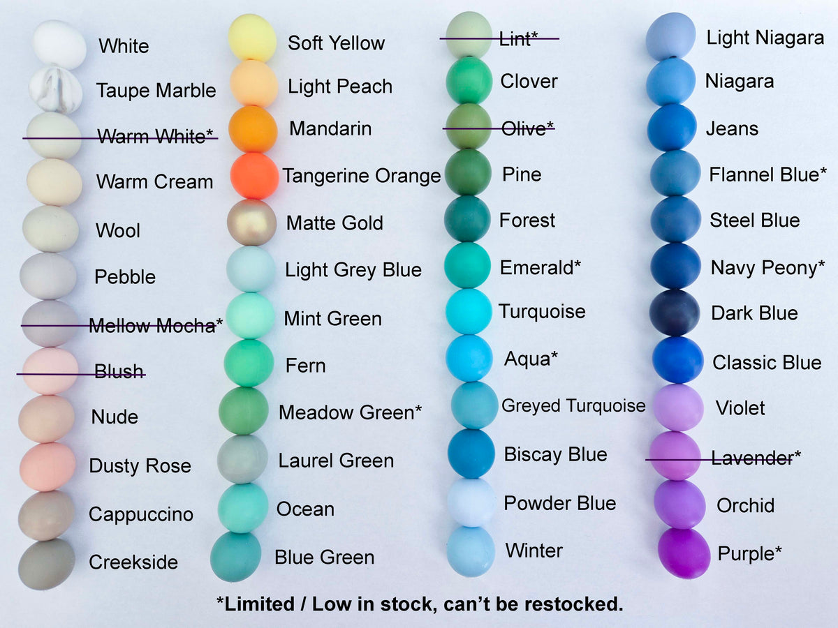 Colour chart of silicone bead options for personalised soother clips