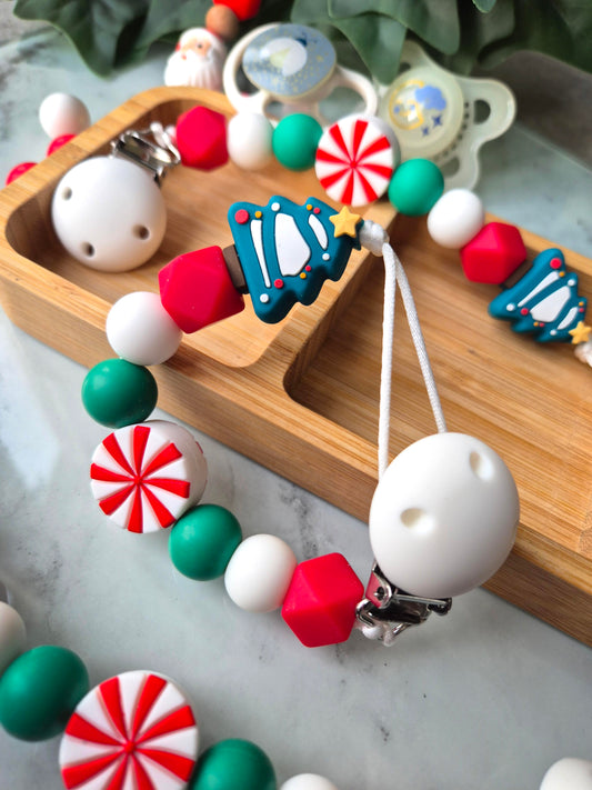 Christmas Tree Soother clips, red green and candy sweet beads
