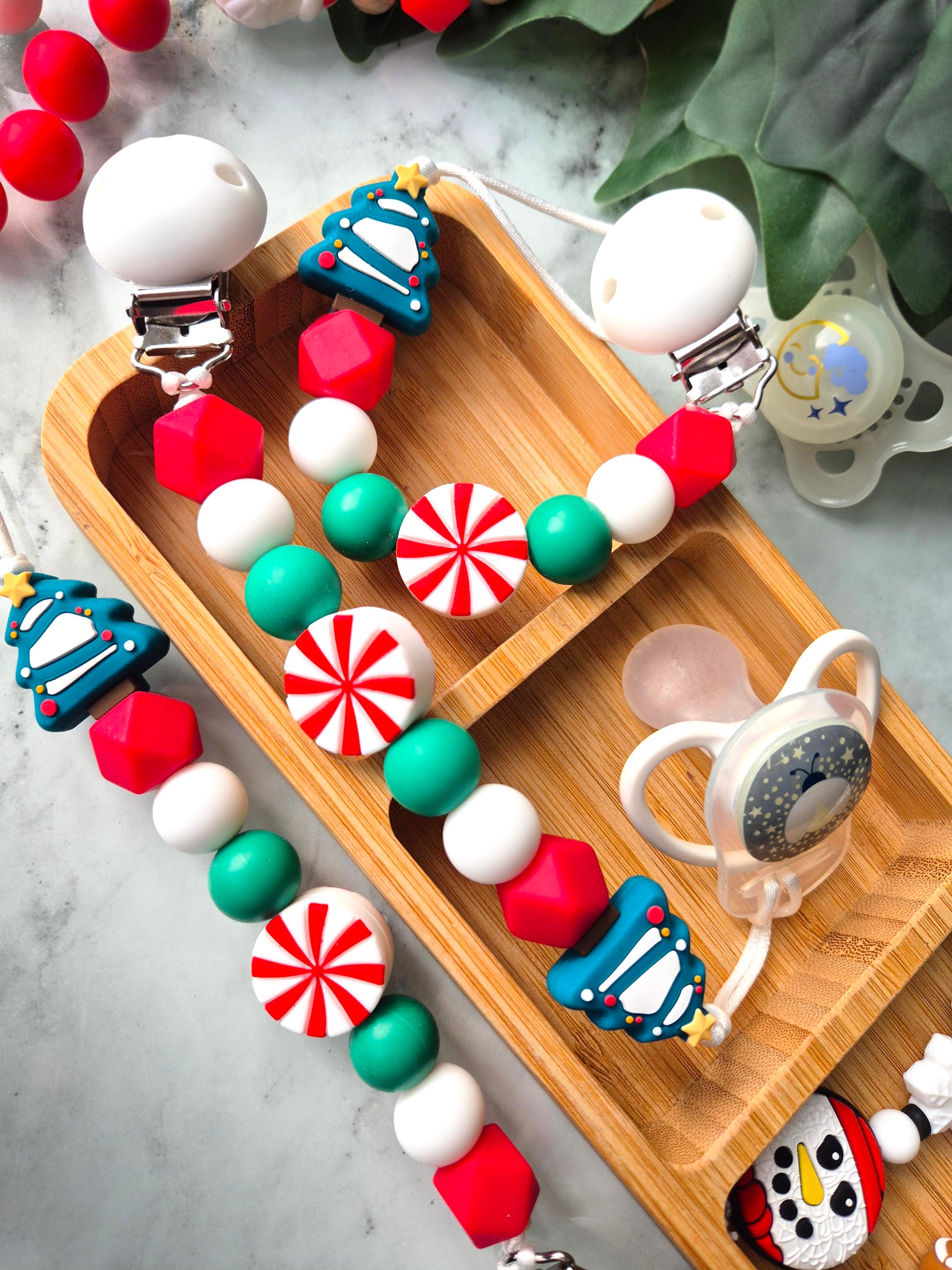 Christmas Tree Soother clips, red green and candy sweet beads
