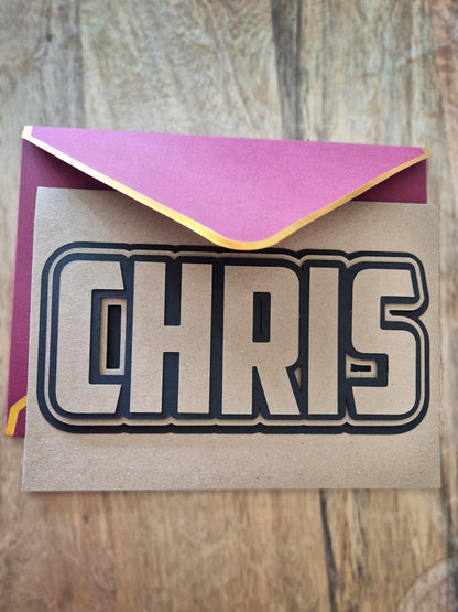 Personalised card for any occassion. We'll add your loved ones name on the front with a 3D effect.