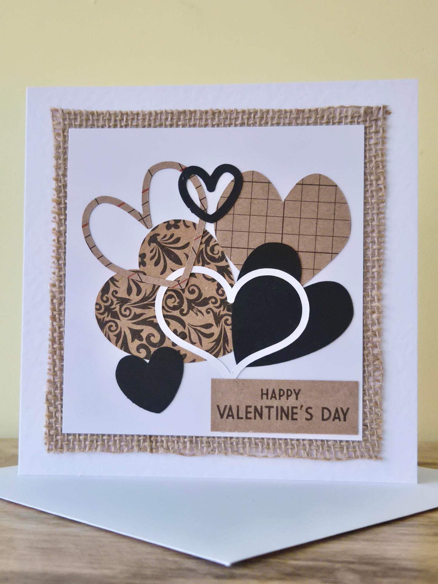 Handcrafted card full of hearts. Kraft, black and white colour theme. Suitable for Wedding Day or Valentine's Day