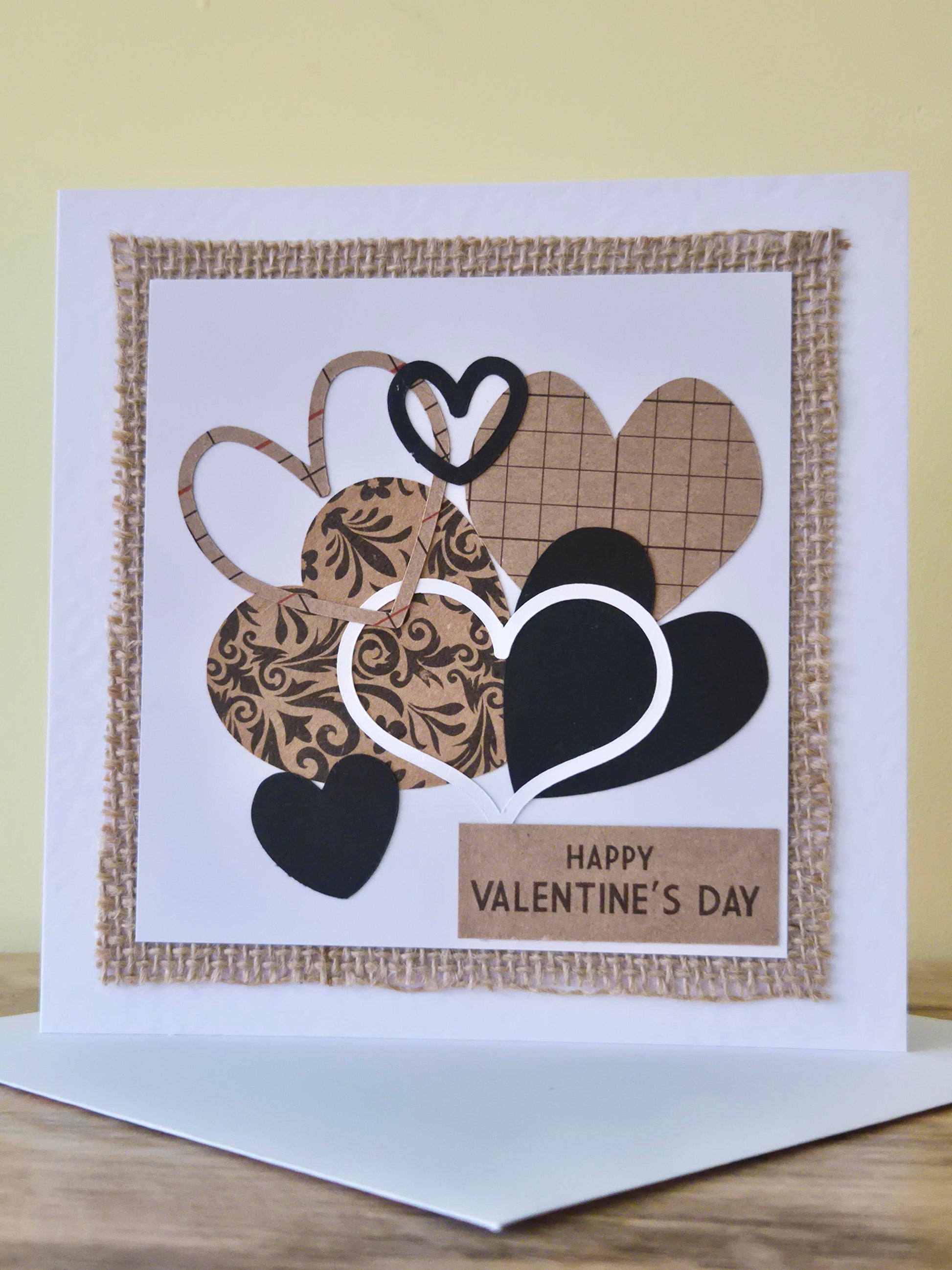 Handcrafted card full of hearts. Kraft, black and white colour theme. Suitable for Wedding Day or Valentine's Day