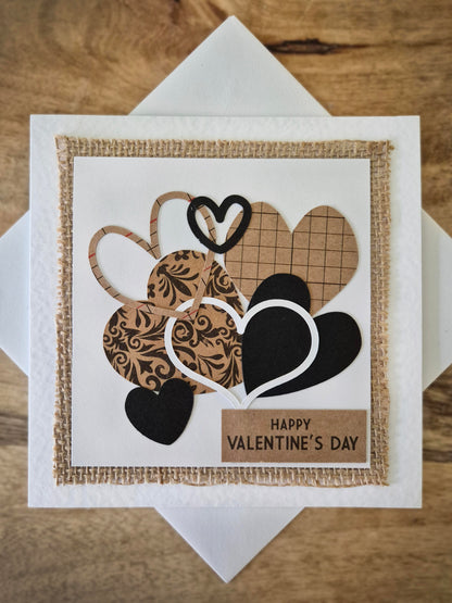 Handcrafted card full of hearts. Kraft, black and white colour theme. Suitable for Wedding Day or Valentine's Day