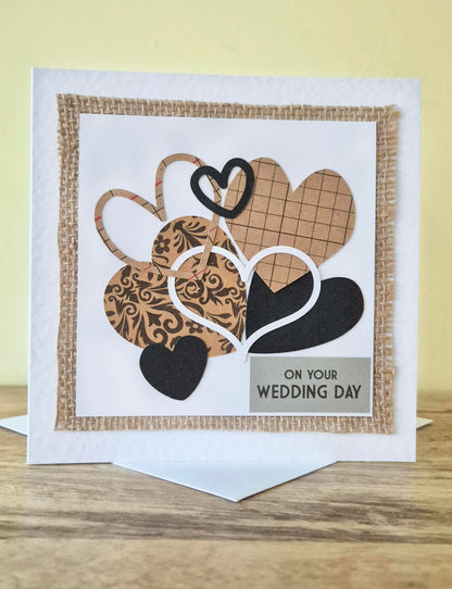 Handcrafted card full of hearts. Kraft, black and white colour theme. Suitable for Wedding Day or Valentine's Day