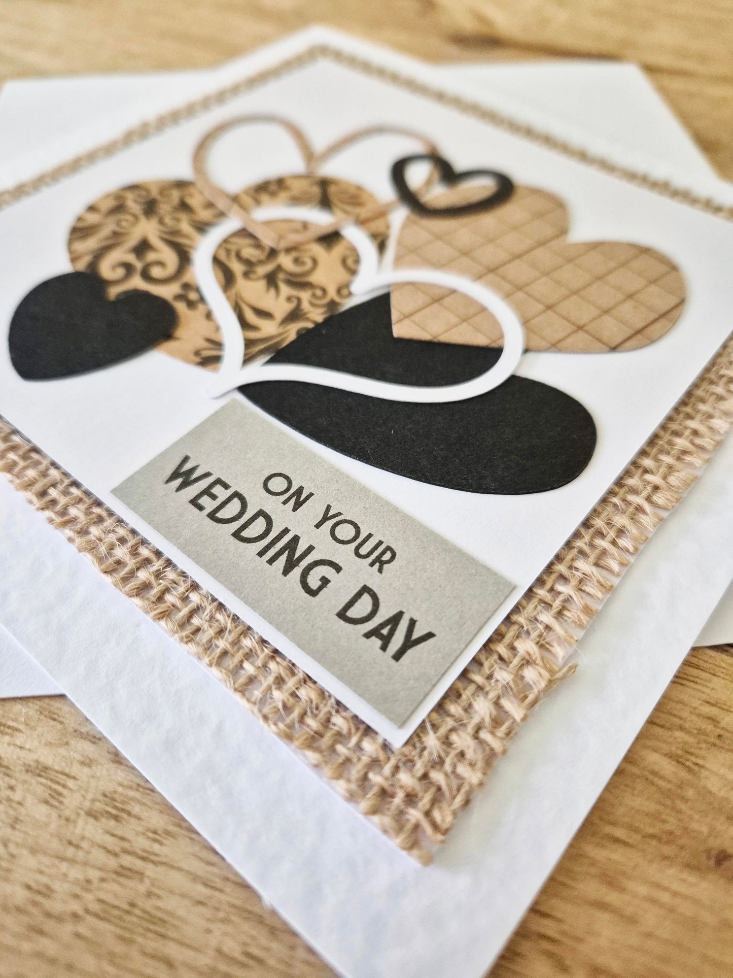 Handcrafted card full of hearts. Kraft, black and white colour theme. Suitable for Wedding Day or Valentine's Day