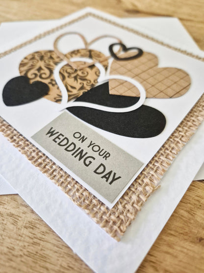 Handcrafted card full of hearts. Kraft, black and white colour theme. Suitable for Wedding Day or Valentine's Day