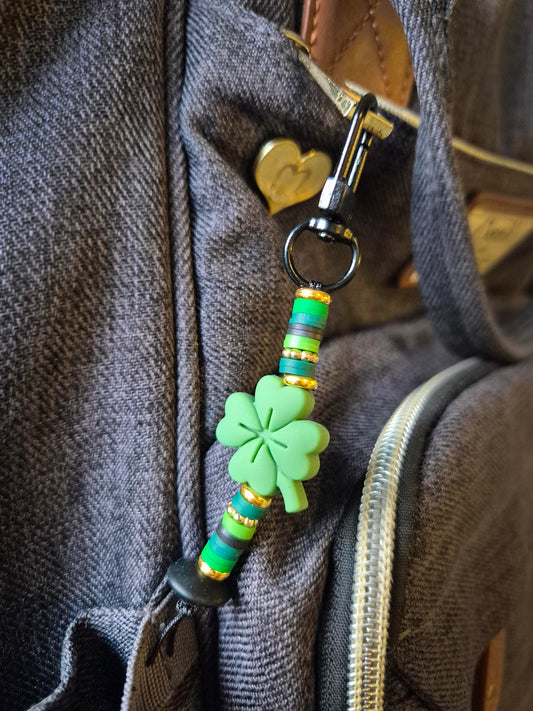 Shamrock Keychain on a backpack