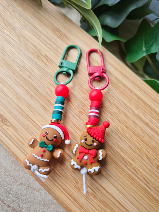 Two Christmas gingerbread keychains on a light wood surface with green leaves in the background. One keychain has a green clasp and a gingerbread figure in a Santa hat, and the other has a pink clasp and a gingerbread figure in a red hat.