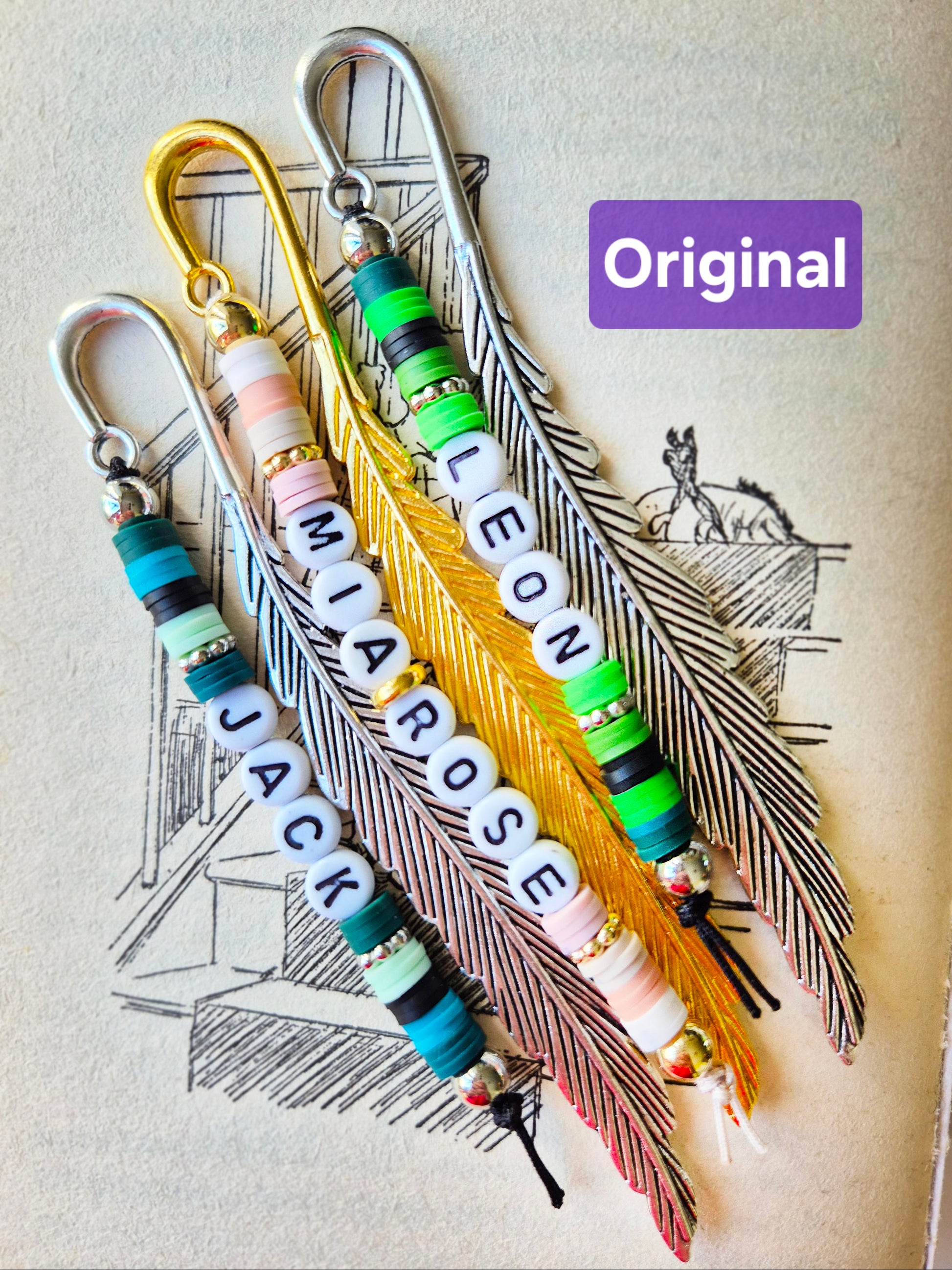 Personalised Bookmarks with names in beads.